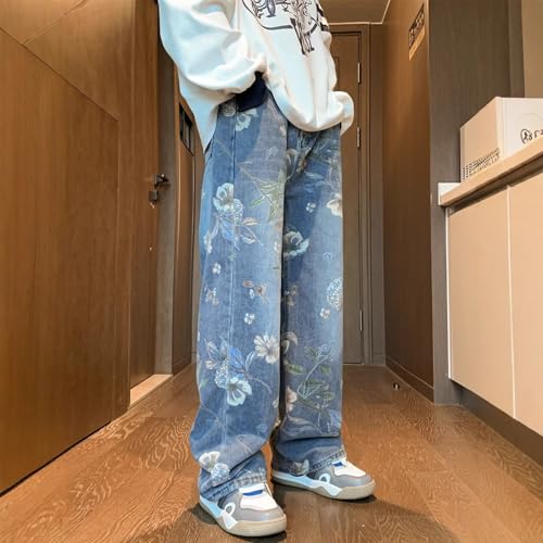 Baggy Jeans Men Vintage Y2k Floral Jeans Flower Print Casual Oversize Streetwear Wide Leg Denim Pants Loose Fit3