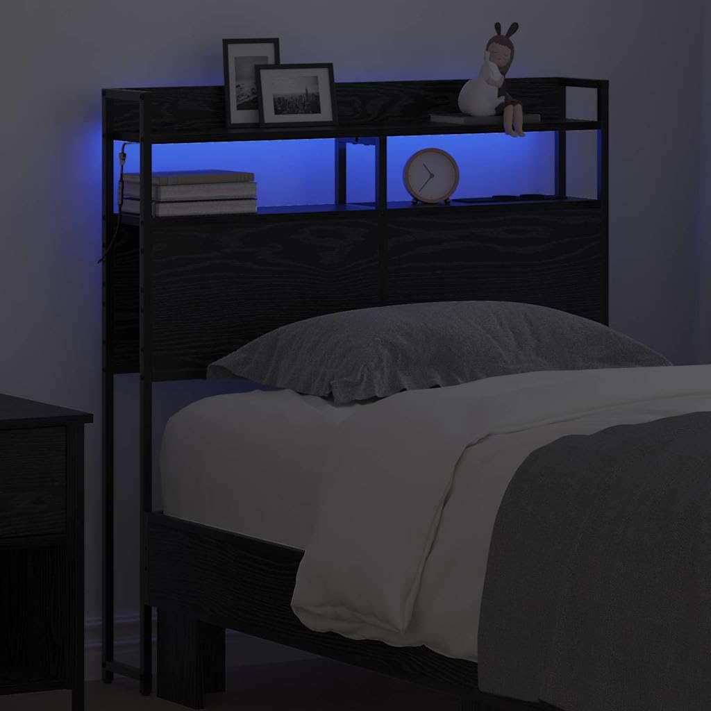 Testiera moderna effetto rovere nero 90 cm di larghezza, in legno con illuminazione a LED e stazione di ricarica per camera da letto