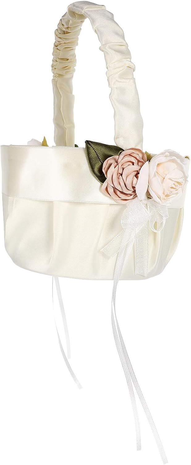Totority Flower Girl Wedding Basket with Satin Lace Bow Decorative Petal Basket for Bridal Ceremony for Wedding Party Supplies
