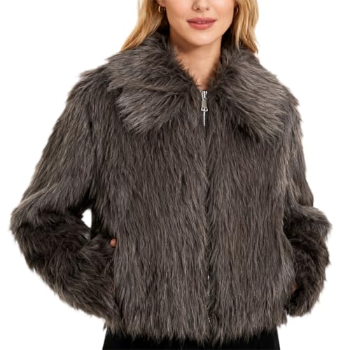 Amazhiyu - Abrigo de piel sintética para mujer, manga larga, cuello redondo, cremallera, chaqueta de invierno suave y cálida, L