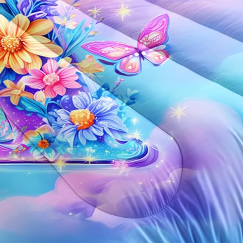 Image of AILONEN Full Sparkle Initial A Comforter Set, Rainbow Floral Butterfly Bedding, Pastel Cloud Decor, Glitter Look Microfiber Teens Gamer Cool Room