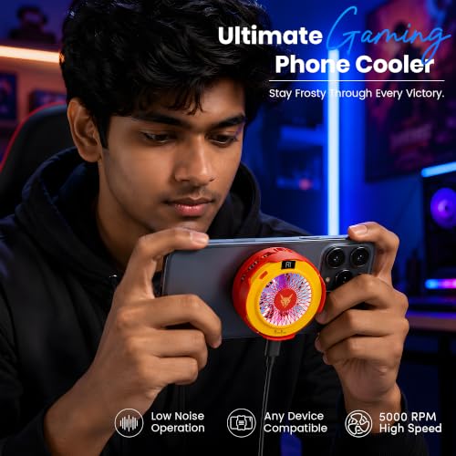 Image of PunnkFunnk Phone Cooler for Gaming, 5000 RPM 7-Blade Fan, RGB Light, Semiconductor Cooling Chip, Type-C Powered, LED Display, Clamp Mount Mobile Cooling Fan for Android & iOS (Red Yellow)