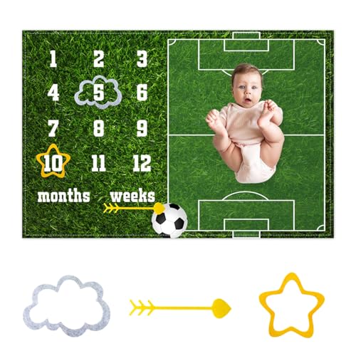 Image of Soccer Theme Baby Monthly Milestone Blanket Football Sports Nursery Decor Photography Background Newborn Growth Record Prop 60 inchx40 inch with Frames