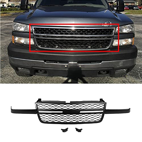 BoardRoad Front Upper Grille Assembly Grill Mesh Black Fit For Chevrolet 2005 2006 2007 Silverado 1500 HD 2500HD 3500 1500 Classic