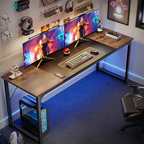 Huuger Computer Desk, 70 Inch Office Desk, Gaming Desk with Storage, Writing Desk Work Desk for Home Office, Study, Long Simple Desk, Large Legroom, Metal Frame, Rustic Brown and Black
