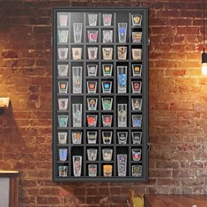 Shot Glass Display Case, 52 Slots Shot Glass Holder Lockable Wall Mounted Shadow Box with UV Protection Acrylic Glass Shot Glass Door Storage Case for Multiple Shot Glasses