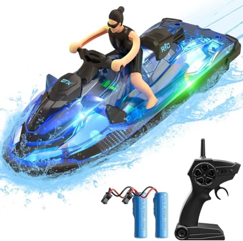 OBEST Remote Control Boat Jet Ski Toy for Pools and Lakes, 2.4 GHz Mini Race Boat with Figurine Dolls and LED Lights, 2 Batteries, RC Motorboat for Kids Adults Boys Girls
