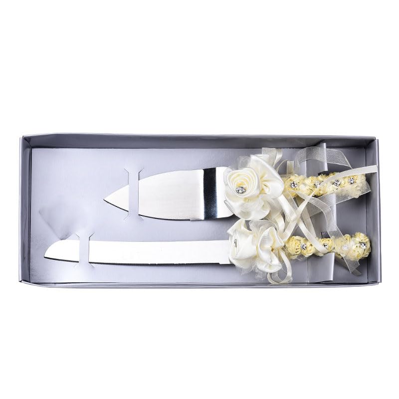 Lagnlnaoy Wedding Cake Knife and Server Set, Stainless Steel with Ivory Flower Decoration, 2-Piece Gift Box