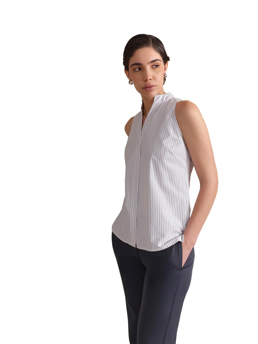 fablestreet Women Workwear Shirt | Mandarin V-Neck Sleeveless Top With Vertical Stripes & Front Overlap | Woven Cotton Fabric For Office & Formal Occasions-picture-39
