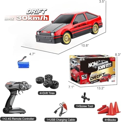 Image of Rc Drift Remote Control Car 1:24 Scale, High-Speed, 4Wd, Led Lights, Rechargeable Racing Car, Drifting Tires, 2.4Ghz, for Kids [Colors as Per Stock] (Toyoto Ae86 Rc Drift -Red)