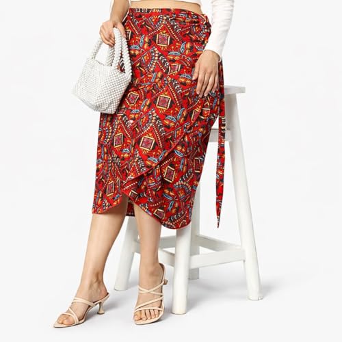 Image of Women's Floral & Animal Print Wrap Skirt - Midi Length A-Line Summer Skirt with Side Tie-Up, Tropical Cheetah Tiger Casual Beach Wear
