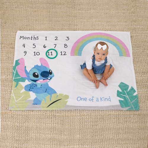 Image of Disney Stitch Blue, Teal, Lime, Pink, and White One of a Kind Super Soft Photo Op Milestone Baby Blanket