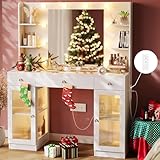 IFSEB Makeup Vanity with Glass Top, White Vanity Desk with Mirror and Lights, Big Vanity with Drawers & Cabinets for Bedroom, Cute Vanity with Crystal Knobs & Power Outlet for Women