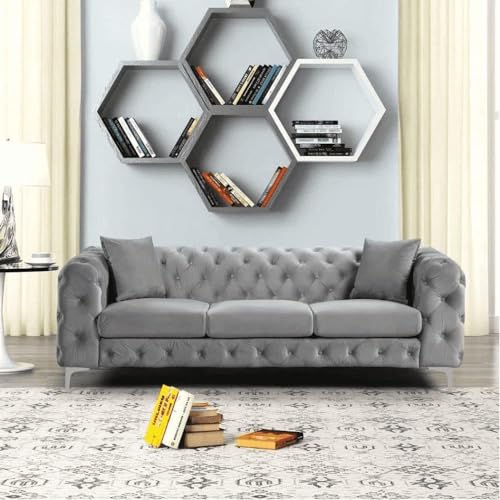 Image of A to Z Furniture Classic 3+2=5 Seater Sofa Set Luxury Chesterfield Velvet Sofa in for Home Living Room & Office (Grey)