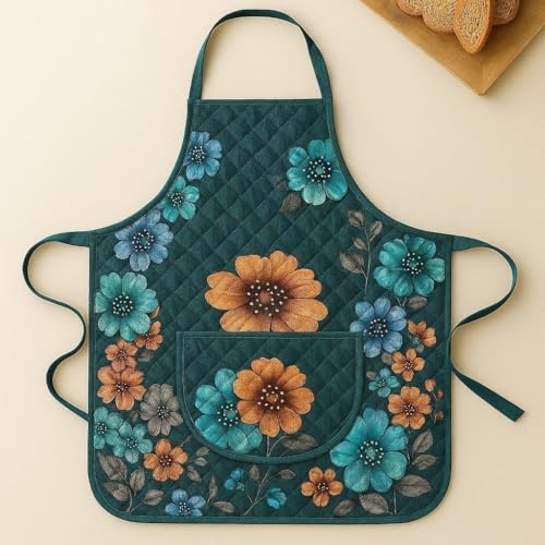 Image of Homerz Premium Velvet Apron for Kitchen with Center Pocket | Cooking Aprons for Women & Men - Ideal for Home & Restaurant | Flower Quilted Print (Blossom, Pack of 2)