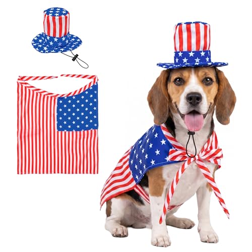 Vehomy 4th of July Dog Costume Pet Stars and Stripes Cape Doggy Uncle Sam Hat for the 250th Anniversary Independence Day American Flag Costume Patriotic Outfit for Small Medium Large Dogs or Cats M