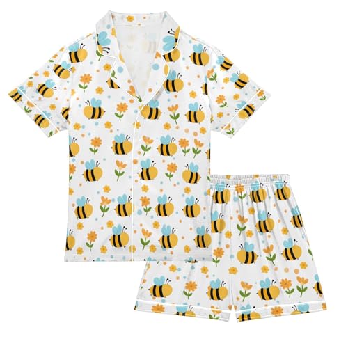 Bee with Yellow Flower Satin Summer Pajama Sets Silk Short Sleeve Button Down Sleepwear