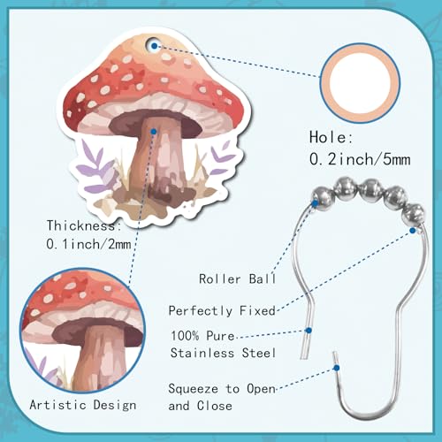 CREATCABIN 12Pcs 12Styles Mushroom Shower Curtain Hooks Metal Shower Curtain Rings Wood Pink Purple Curtain Hooks Shower Curtain Hanger with Stainless Steel Chain for Bathroom Decoration - Image 3