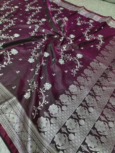 Image of Women's Glory Banarasi Satin Silk Saree with Rich Golden Zari Floral Embroidery | Kanjivaram Style | Traditional Wedding & Festive sadi with Contrast Border | Designer Party Sari Collection