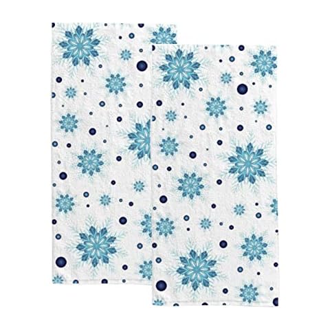 Vantaso Bath Hand Towels Set of 2 Teal Blue Snowflakes Soft Absorbent Washcloths Kitchen Hand Towel for Bathroom Hotel Gym Spa Cover