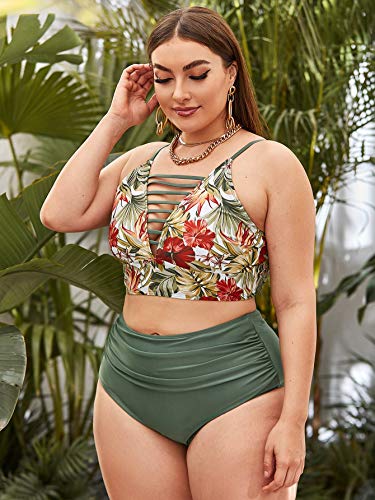Romwe Women's Plus Size Floral Print High Waist Bikini Swimsuit Ruched 2 Piece Bathing Suit Green 1Xl #TOP3