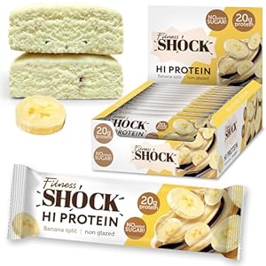 FitnesSHOCK High Protein Bars – High 20G Protein Content Protein Bar With No Added Sugar, Low Calorie Low Carb High Fibre, Banana Split Flavour 12Pcs 60G