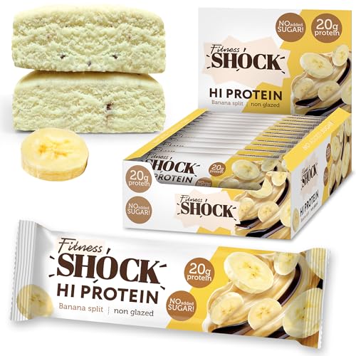 FitnesSHOCK High Protein Bars - High 20G Protein Content Protein Bar With No Added Sugar, Low Calorie Low Carb High Fibre, Banana Split Flavour 12Pcs 60G