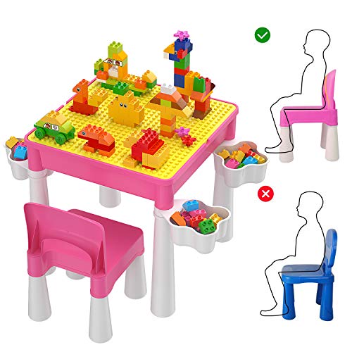 Burgkidz Kids 5-In-1 Multi Activity Table Set - Building Block Table With Storage - Play Table Includes 1 Chair And 130 Pieces Compatible Large Bricks Building Blocks For Ages 2 And Up (Pink) #TOP2