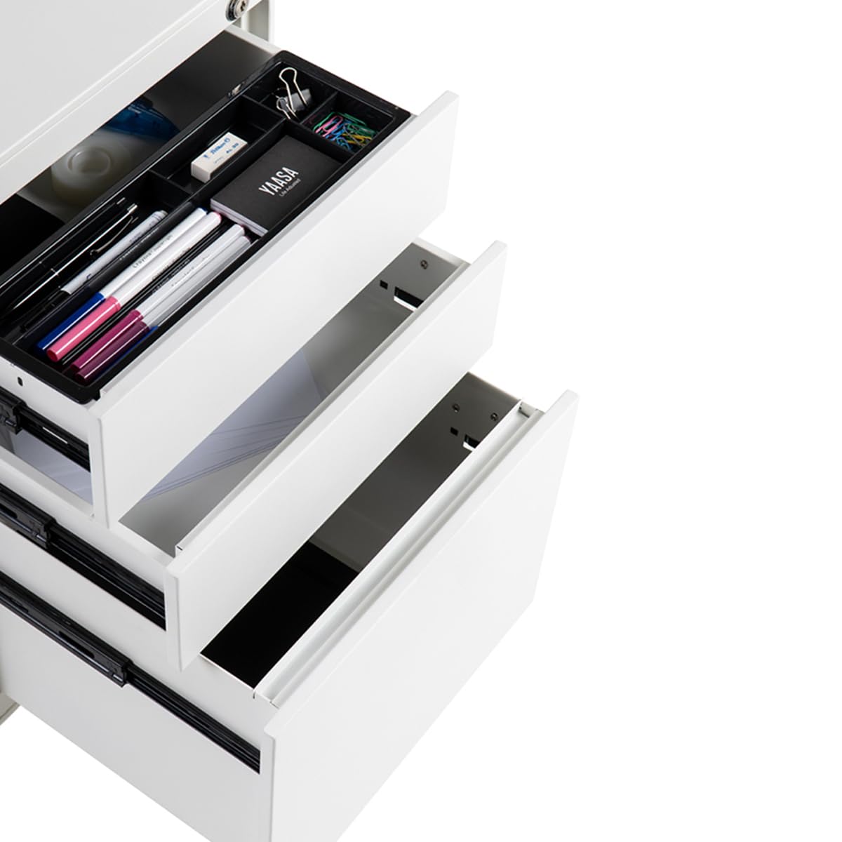 Yaasa File Cabinet Meuble de bureau à roulettes en acier avec 3 tiroirs verrouillables (blanc, standard)