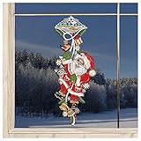 DSD Design-Studio Drechsler Fensterbild Weihnachtsmann mit Kätzchen Plauener Spitze Winter-Girlande Kinderzimmer 48 x 18 cm