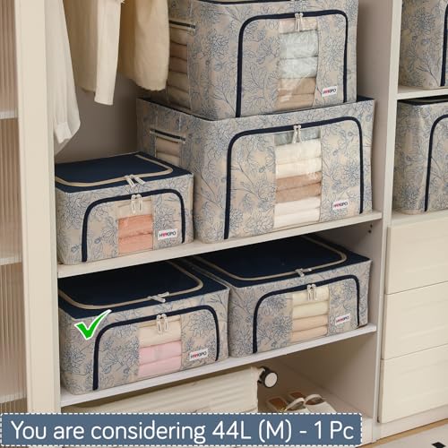 Image of HOKIPO 44L(M) Clothes Storage Box, 600D Oxford Fabric Organiser for Wardrobe, Blue Blossom Pack of 1 (AR-6485-BLU)