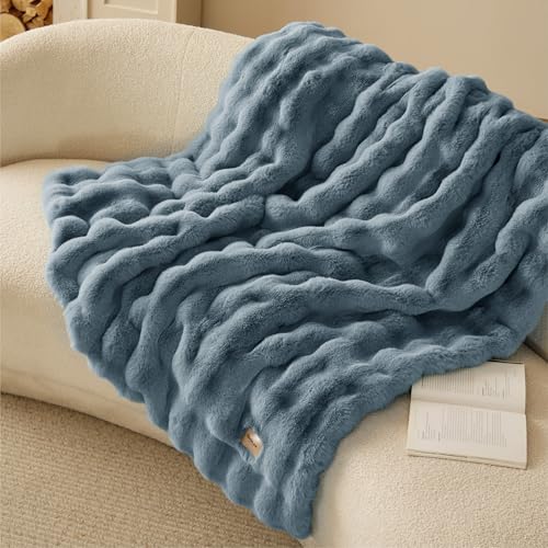 Image of Bedsure Fluffy Bubble Faux Fur Throw XL Blanket, 50 inchx70 inch, Greyish Blue
