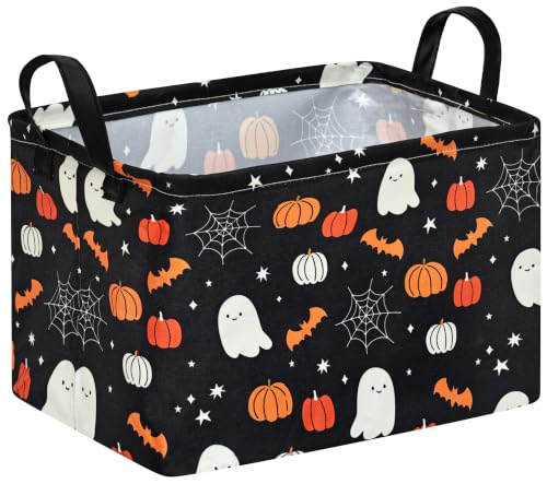 Image of Halloween Storage Basket Home Shelf Basket Rectangle Organizer Box Toys Clothes Laundry Hamper Nursery Bin Gift Laundry Basket with Handles(Black Cute Ghost Pumpkin)