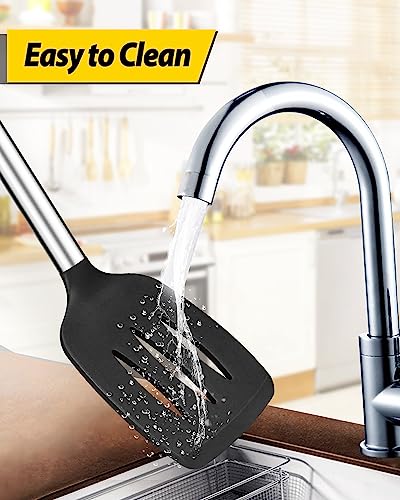 Image of Pack of 2 Silicone Solid Turner,Non Stick Slotted Kitchen Spatulas,High Heat Resistant BPA Free Cooking Utensils,Ideal Cookware for Fish,Eggs,Pancakes(Black+White)