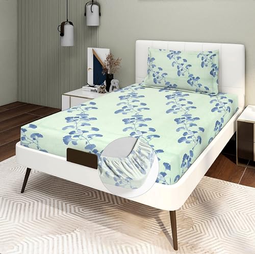 Image of RD TREND Presents Luxurious Glace Cotton Super Soft 210 TC 360 Elastic Fitted Bedsheets Single Bed Size (72 x 48 x 8 Inch) with 1 Pillow Cover Size (28 x18), Color- Lite Green, Floral