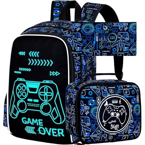 FTJCF 17" Glow Gamer Backpack & Lunch Bag Set for Teens