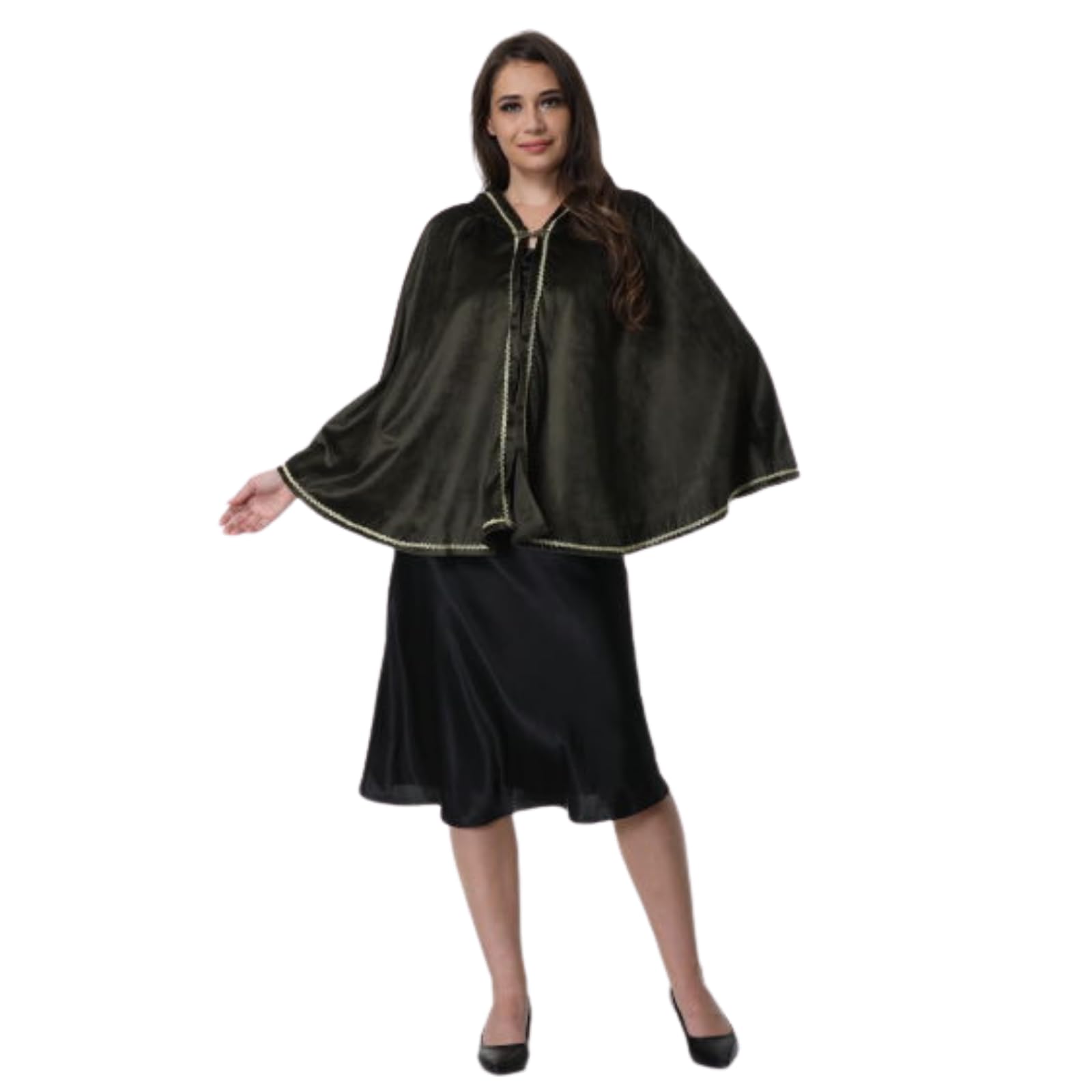 RRCBMD Adult Women Medieval Renaissance Hooded Cape Women Velvet Short Green Lace Cloak Victorian Halloween Witch Cosplay 25.5Inch - Image 4
