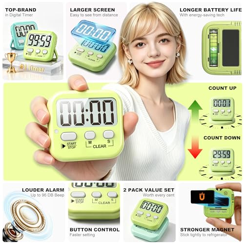 Antonki 2 Stück Timer, Digitaler Küchentimer zum Kochen, Eieruhr, Magnetisch Stoppuhr Timer für Kinder, Lehrer, Klassenzimmer, Übung, Badezimmer, Backofen, Backen-Inklusive Batterie 4