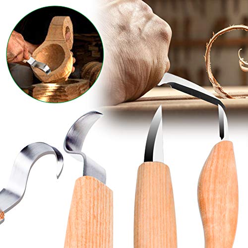 WAYCOM Wood Carving Tools Set,Whittling Wood Carving Kit for Spoon Carving 3 Knives in Tools Roll Leather Strop and Polishing Compound Sharpening Stone Hook Sloyd Detail Knife