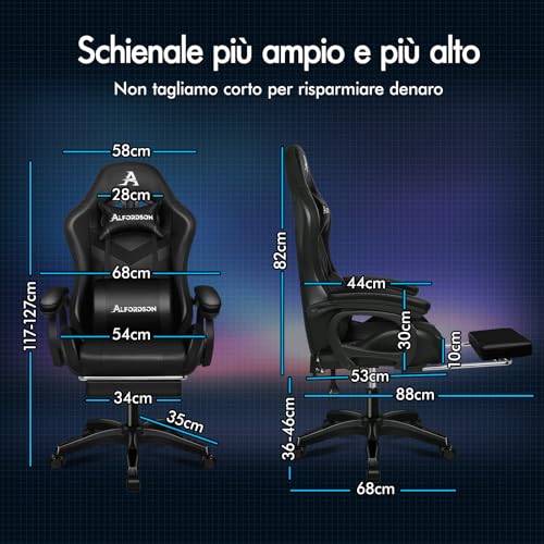 Sedia da gioco con massaggio a 8 punti, luce LED RGB a 12 colori, sedia da ufficio ergonomica con poggiapiedi, poggiatesta e cuscino lombare per bambini e adulti, Pelle PU, Nero - Sedia gaming - Immagine 1
