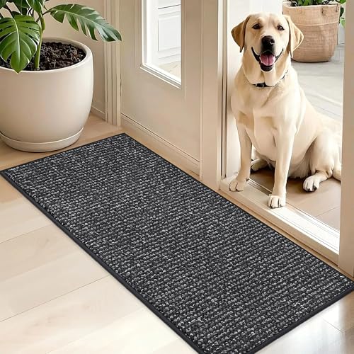 Image of BEQHAUSE Dirt Trapper Door Mat 20 inch x 48 inch, Non-Slip Washable Doormats Entrance Mat, Dirt Resistant and Absorbent Welcome Mat, Low Profile Floor Mats for Front Back Door and Entryway, Charcoal