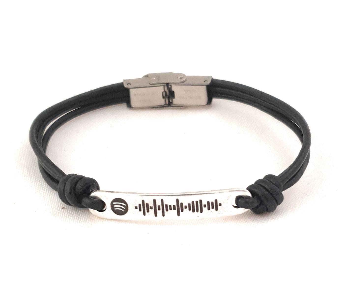 NanalejaPulsera con placa Spotify personalizada - Nanaleja - pulsera de cuero personalizada hombre y mujer - con cierre de acero inoxidable - regalo musical único y original - ahora puedes grabar por detrás
