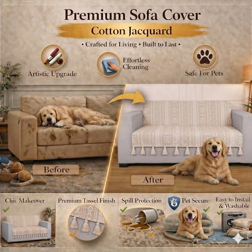 Image of STITCHNEST 'Verdant Bohemian Stories' 2 Seater Sofa Cover - Full Coverage| Elegant Jacquard Fabric, Decorative Tassels, Washable & Durable for Modern Living