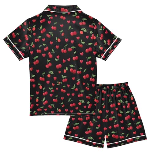 ALAZA Red Cherry Green Leaf Black Satin Pajamas Set Short Sleeve Button Down Sleepwear Summer Pjs 2 Piece2