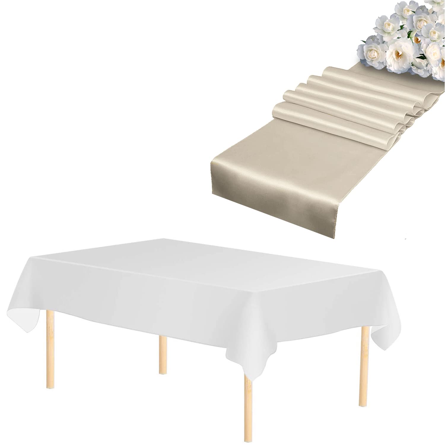 WedDecor 3pcs Ivory Rectangle Satin Table Runner 11"x108" & 3pcs White Disposable Plastic Tablecloths 54"x108" Waterproof Table Cover for Wedding Party Decoration, Christmas (Set of 3)