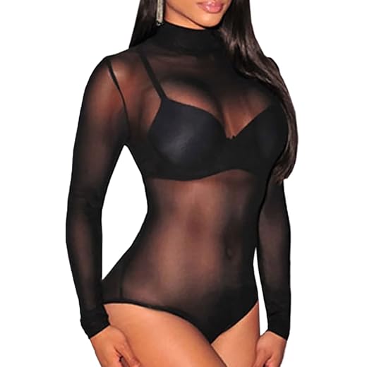 Lrady Women's Sheer Mesh Turtleneck Neck See Through Leotard Bodysuit Body Tops