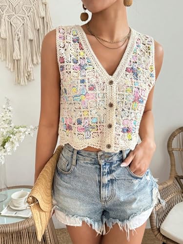 GORGLITTER Women's Crochet Knit Sweater Vest Sleeveless Button Front Cropped Vests4