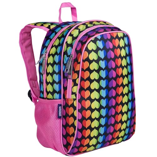 Image of Wildkin 15 Inch Backpack for Boys /Girls, Rainbow Hearts | Ages 5-10, padded straps, side water bottle pocket - coordinates with matching Wildkin lunch boxes and water bottles