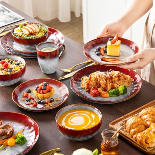 Image of vancasso Starry 16 Pieces Dinnerware Set for 4, Handmade Reactive Glaze Stoneware Plates and Bowls Set, Dishes Set with Mugs for 4, Microwave & Dishwasher Safe, Red