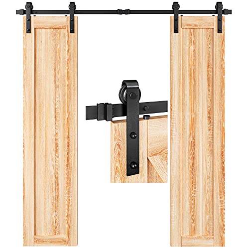 EaseLife 6FT Double Door Sliding Barn Door Hardware Track Kit Basic J Pulley Slide Smoothly Quietly Easy Install (6FT Track Kit for Double 18 Wide Door)